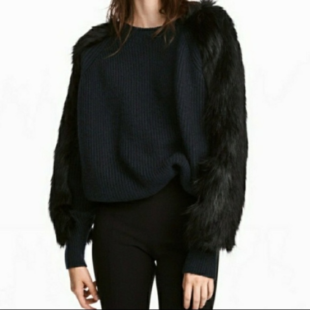 Navy Sweater w/ Faux Fur on Sleeves